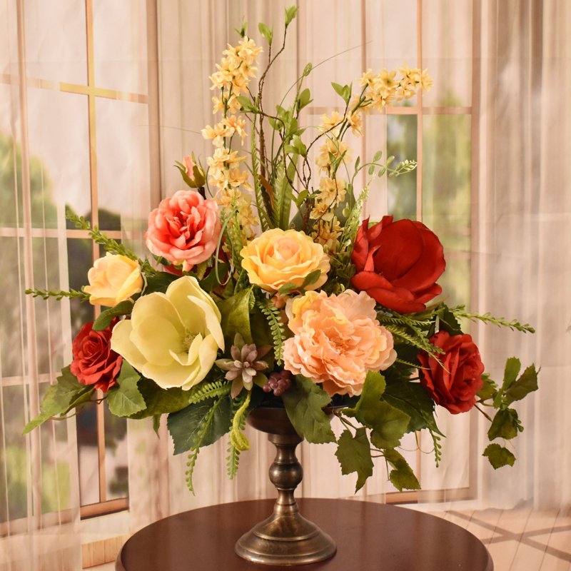 Floral Home Decor Garden Rose, Peony and Magnolia Grande Silk Flower Arrangement in Bronze